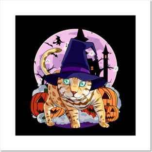 Bengal Cat Funny Halloween Witch Pumpkin Posters and Art